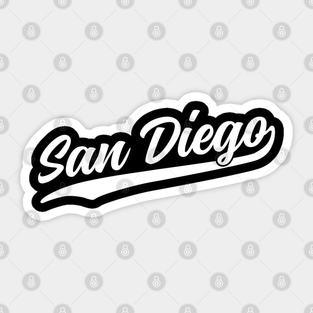 San Diego Cursive White Vintage Athletic Script Sticker by DetourShirts